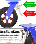 Badass Heavy Duty Industrial Swivel Caster Wheels Set Of Four Solid Rubber Dual Locking Brakes showing blue swivel caster with steel brakes