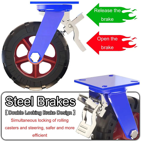 Badass Heavy Duty Industrial Swivel Caster Wheels Set Of Four Solid Rubber Dual Locking Brakes showing blue swivel caster with steel brakes