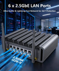 Heavy Duty Firewall Mini PC Router Harnessing Intel J6412 with six 2.5GbE ports and antennas for home network security.