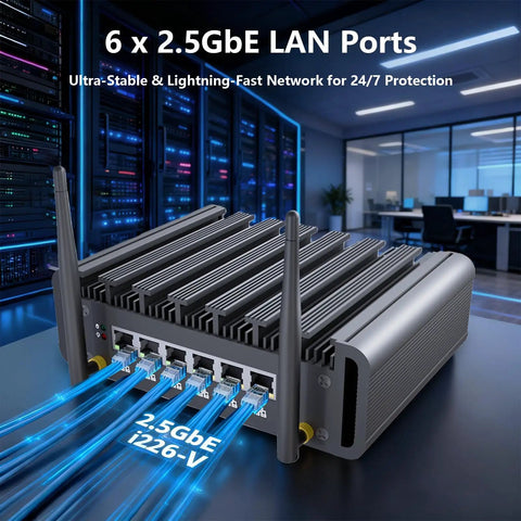 Heavy Duty Firewall Mini PC Router Harnessing Intel J6412 with six 2.5GbE ports and antennas for home network security.