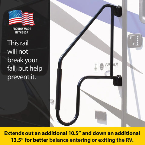 Heavy Duty Rv Grab Bar With Slick Black Aluminum Build Holds Fast During Rough Roads And Keeps Your Footing Locked In Tight, shown mounted on an RV.