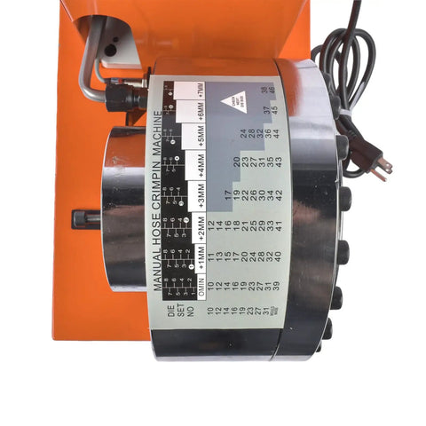 Heavy Duty Electric Hydraulic Hose Crimper 110V control panel with size chart for steel wire hoses and quick change dies.