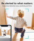 Child on stairs with phone screen showing 1080P HD Indoor Home Security Camera With 2.4GHz WiFi Smart AI Detection For People, Pets, and Nanny.