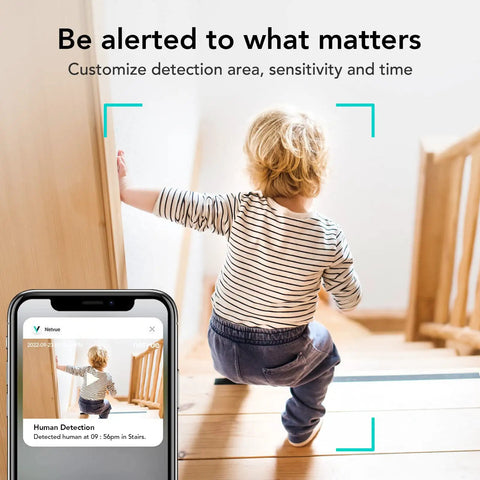 Indoor Smart AI Detection Security Camera For Pets Babies And Home Nanny Cam Vibe 1080P FHD tracking a child on stairs