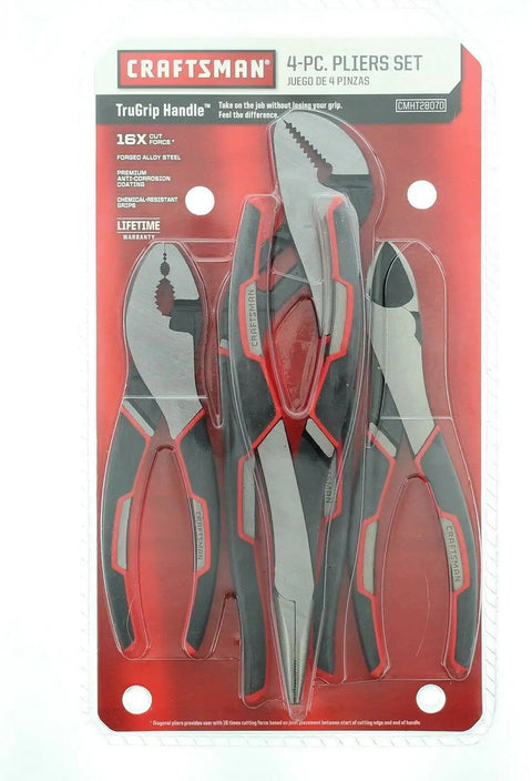 Pro Grade 4 Piece Pliers Set With Tru Grip Handles, Low Profile Flush Rivet Design, Machined Crosshatch Teeth, Induction Hardened Cutting Edges, 4X Grip Power, Built Tough With Lifetime Warranty in retail packaging