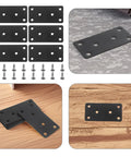 Beefy Heavy Duty Stainless Steel Flat Mending Brackets Set For Screens And Shelves shown with screws on wood and stone surfaces