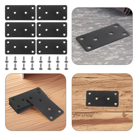 Beefy Heavy Duty Stainless Steel Flat Mending Brackets Set For Screens And Shelves shown with screws on wood and stone surfaces
