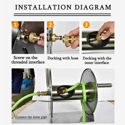 Installation diagram for Badass Heavy Duty Stainless Steel Garden Hose Reel With Smooth Crank Handle, showcasing assembly steps.