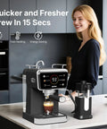 Real Deal Espresso And Americano Machine With Snappy Touchscreen Controls Built In Frother For Creamy Hot Iced Coffee And Cold Brew Drinks Straight Up Perfect For Your Daily Grind At Home Or Office Featuring 20 Bar Pressure And Roomy 52 Oz Tank, shown brewing espresso beside a milk frother.