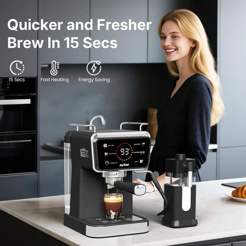 Real Deal Espresso And Americano Machine With Snappy Touchscreen Controls Built In Frother For Creamy Hot Iced Coffee And Cold Brew Drinks Straight Up Perfect For Your Daily Grind At Home Or Office Featuring 20 Bar Pressure And Roomy 52 Oz Tank, shown brewing espresso beside a milk frother.