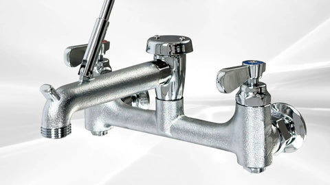 NSF Wall-Mounted Mop Sink Faucet, 8" Adjustable Centers, 6-1/2" Spout, Heavy Cast Spout with Pail Hook, BXF-S001 close-up view of chrome finish