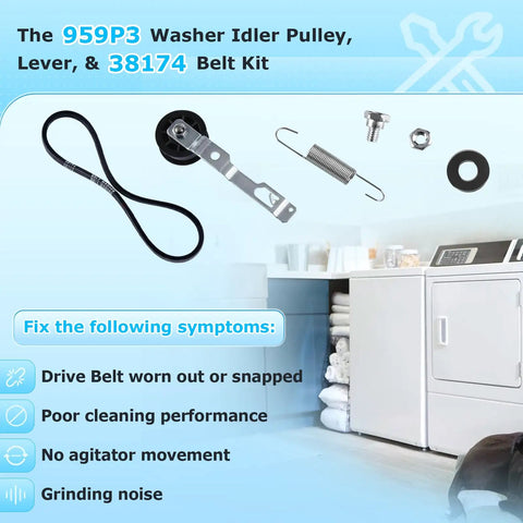 Pro Grade Washer Idler Pulley Kit And Drive Belt Set For Heavy Duty Commercial Washers Compatible With Speed Queen Huebsch Primus Unimac Ipso Cissell Econo Replacement Part 2020782 AP4489045 PS12192030 38225P 2024925