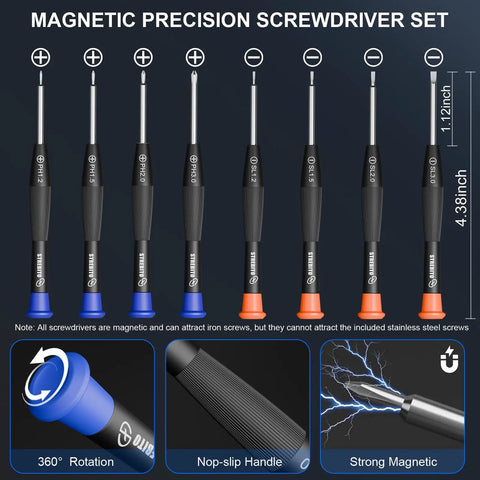 Magnetic precision screwdriver set from All In One Eyeglass Repair Kit With 16 Screw Sizes, non-slip handles, strong magnetic tips