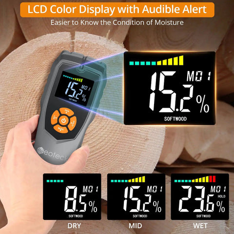 Pinless Moisture Meter For Wood And Masonry, Non-Invasive Detector With LCD Display And Audible Alarm in use on wood log