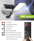 Solar Powered Street Lights 2 Pack With Auto On Off Wireless Outdoor Lighting; showing IP67 waterproof feature and remote control
