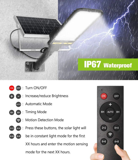 Solar Powered Street Lights 2 Pack With Auto On Off Wireless Outdoor Lighting; showing IP67 waterproof feature and remote control