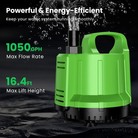 Beast Pool Cover Pump For Above Ground Pools Submersible 1/6 HP Up To 950 GPH 16.4 Ft Lift 10 Ft Hose 23 Ft Cord 2 Adapters Portable