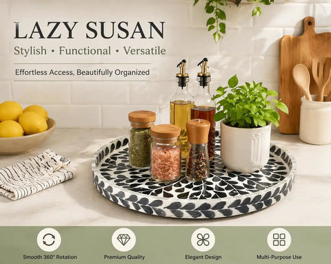Game Changing 12.5 Inch Wooden Lazy Susan Turntable with a smooth swivel base and sharp black leaf design for kitchen organization.