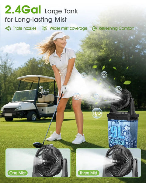 10 Inch Oscillating Misting Fan with 9 Liter Tank and Light, Portable Battery Operated Evaporative Cooler for Golf Carts Porch and Yard Gear, Rechargeable 55 Hour Run Time to Blast The Heat and Keep You Feeling Like a Boss at golf course.