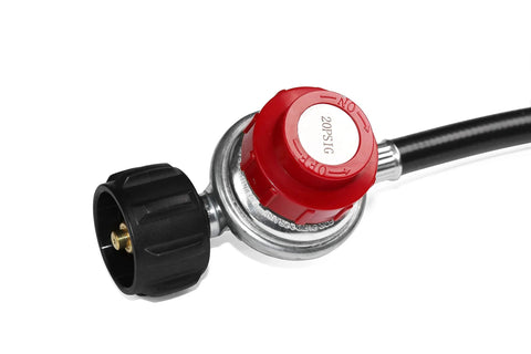 Propane regulator with hose; red adjustable dial and black hose attached