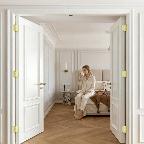 24 Pack Polished Brass Door Hinges For Interior Doors, Three And A Half Inch Square, Five Eighths Radius Corners in room setup