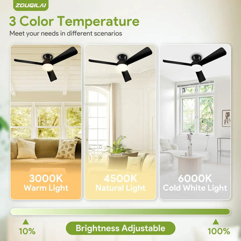42 Inch Low Profile Ceiling Fan With Lights And Remote Reversible DC Motor Sleek Black Flush Mount For Bedroom And Living Room 3 CCT Dimmable With Timer, showcasing three color temperature settings for different lighting moods.