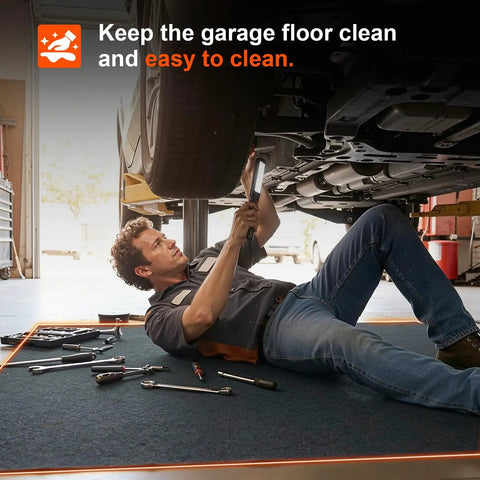 Mechanic working under a car on a Heavy Duty Oil Spill Mat For Garage Floor 3x5 Ft Extra Thick Absorbent With Anti Slip Rubber Backing