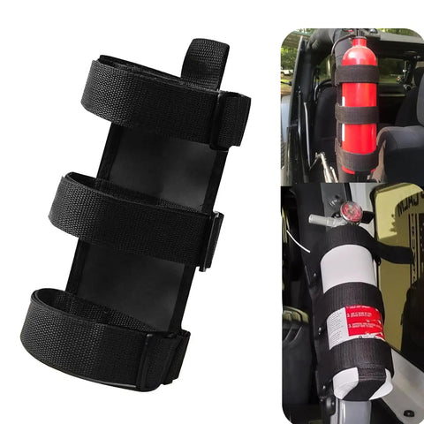 Roll Bar Fire Extinguisher Mount For Jeep Wrangler Models With Adjustable Trunk Strap And Water Bottle Holder shown installed