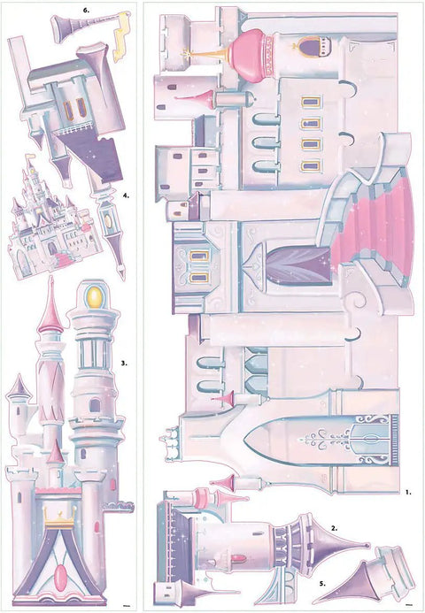 Disney Princess Castle Giant Peel And Stick Wall Decals With Glitter For Kids Room Transform Any Smooth Surface Into A Royal Haven Easy To Apply Removable Reusable Wall Art showing detailed castle sections.