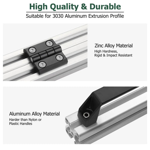 Built Tough 3030 Aluminum Extrusion Door Hardware Kit Featuring Two Heavy Duty Alloy Handles And Four Reliable Zinc Hinges With Full Fastener Set For No Sweat Weekend Builds showing zinc alloy hinge and aluminum handle.