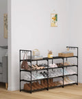 Heavy Duty Black Metal Shoe Rack With Four Tiers And Three Rows, displaying boots and sneakers in a stylish entryway.