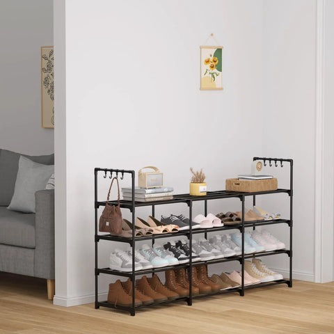 Heavy Duty Black Metal Shoe Rack With Four Tiers And Three Rows, displaying boots and sneakers in a stylish entryway.