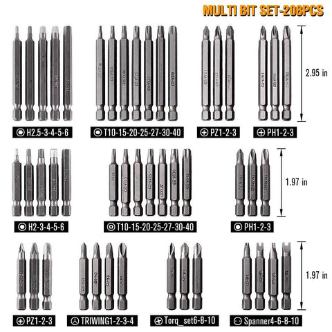 208 Piece Screwdriver Bit Set With Security Bits showing various screwdriver bit sizes and types, labeled for easy identification.