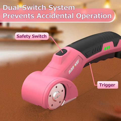 Close-up of Nanwei Cordless Electric Scissors With Four Point Two Volt Motor and Type-C Charging featuring safety switch and trigger.