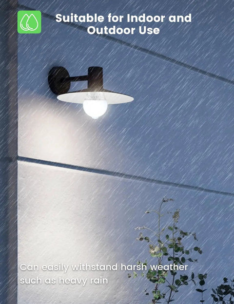 Outdoor Motion Sensor LED Bulb 13W 100W Equivalent in rain, mounted on wall, showing durability in harsh weather