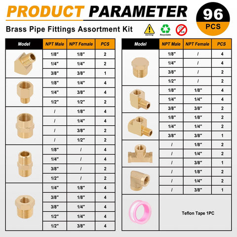 Front view of KOOTANS 96PCS brass pipe fittings assortment kit with NPT adapters, elbows, tees and pink Teflon tape
