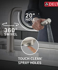 Sleek Brushed Nickel Kitchen Faucet With Pullout Sprayer And Single Handle featuring 20" hose and 360° swivel for easy use.