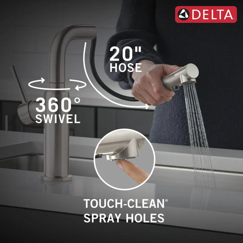 Sleek Brushed Nickel Kitchen Faucet With Pullout Sprayer And Single Handle featuring 20" hose and 360° swivel for easy use.