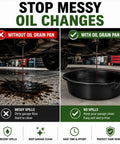 Image comparing oil spills on garage floor without oil drain pan and with Top Tier 7 Quart Oil Drain Pan With Built In Scale Pour Spout.