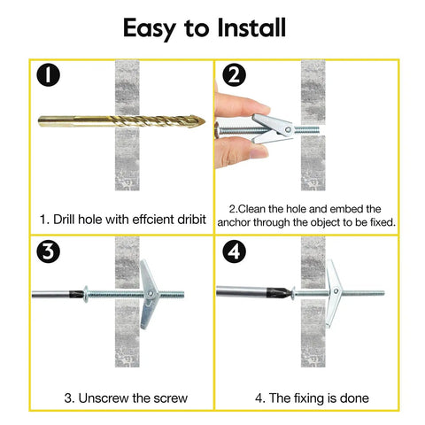Installation steps for Heavy Duty One Quarter Inch Drywall Anchors and Screws Kit With 20 Toggle Bolts and Wing Nuts