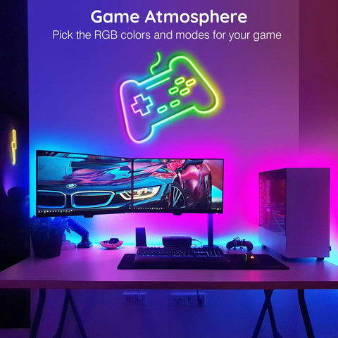 Colorful gaming setup with 32.8Ft Flexible Neon Rope Lights With App And Remote Control Dope RGB LED Neon Rope Light.