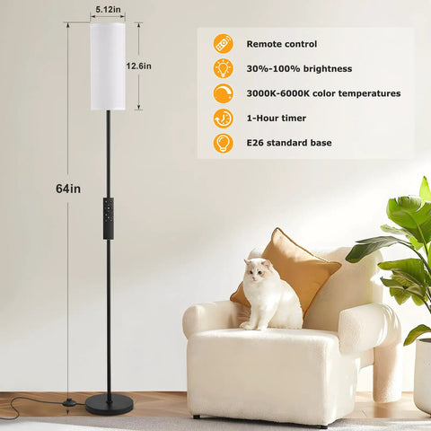 Tall Minimalist Floor Lamp for Living Room and Office With White Fabric Lampshade, Industrial Black Pole, 65 Inch