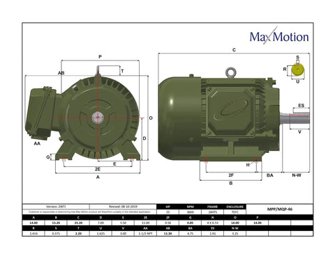 Nema Premium General Purpose Electric Motor 25 Hp 3600 Rpm 575 Volt 3 Phase TE Fan Cooled cast iron side view with dimensions.