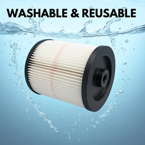 Red Stripe Replacement HEPA Filter For Craftsman Shop Vac shown as washable and reusable in water backdrop, durable design