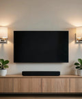 Edwarmlux Indoor Wall Sconces, Brushed Nickel, 1 Pack, E26 Bulbs Excluded with soft light beside a TV.