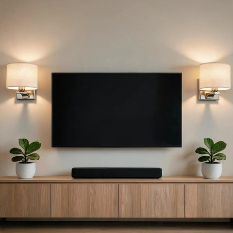 Edwarmlux Indoor Wall Sconces, Brushed Nickel, 1 Pack, E26 Bulbs Excluded with soft light beside a TV.