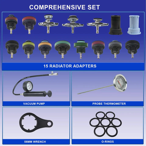Pro Level 18 Piece Universal Radiator Pressure Testing Kit With Thirteen Heavy Duty Coolant Adapter Fittings including 15 radiator adapters.