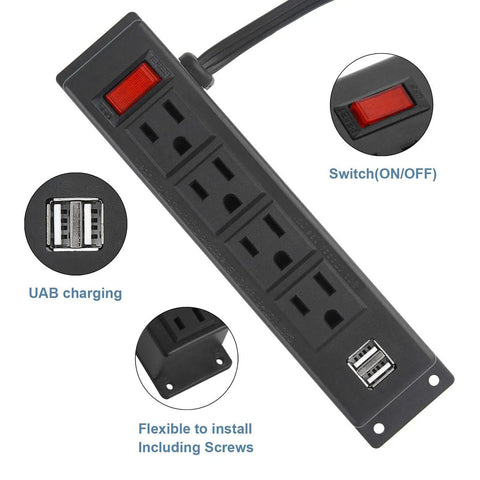 Under Desk Wall Mount Power Strip With Four Outlets And Two USB Ports highlighted features and design, 6.56Ft Cord, 120V 12A 1440W