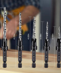 Five Piece Tapered Countersink Drill Bit Set For Wood With HSS And Quick Change Hex Shank Includes Pilot Hole And Countersink In One Step Adjustable Depth Stop Sizes Four Six Eight Ten Twelve displayed on a wooden table.
