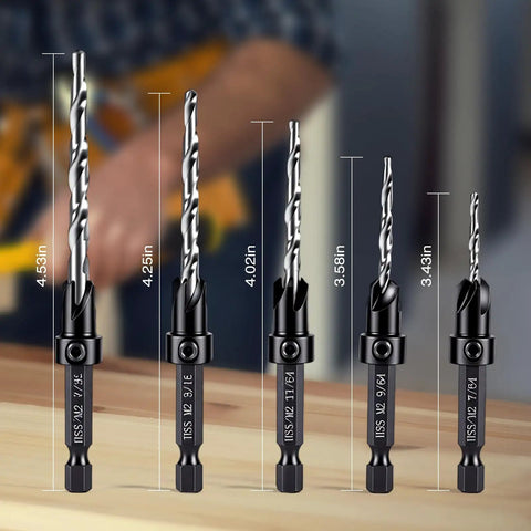 Five Piece Tapered Countersink Drill Bit Set For Wood With HSS And Quick Change Hex Shank Includes Pilot Hole And Countersink In One Step Adjustable Depth Stop Sizes Four Six Eight Ten Twelve displayed on a wooden table.